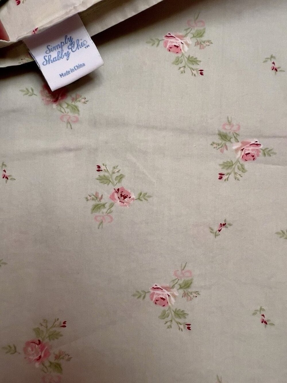 SIMPLY SHABBY CHIC TWIN Flat Sheet Pink Roses Khaki Green 100% Cotton PRISTINE